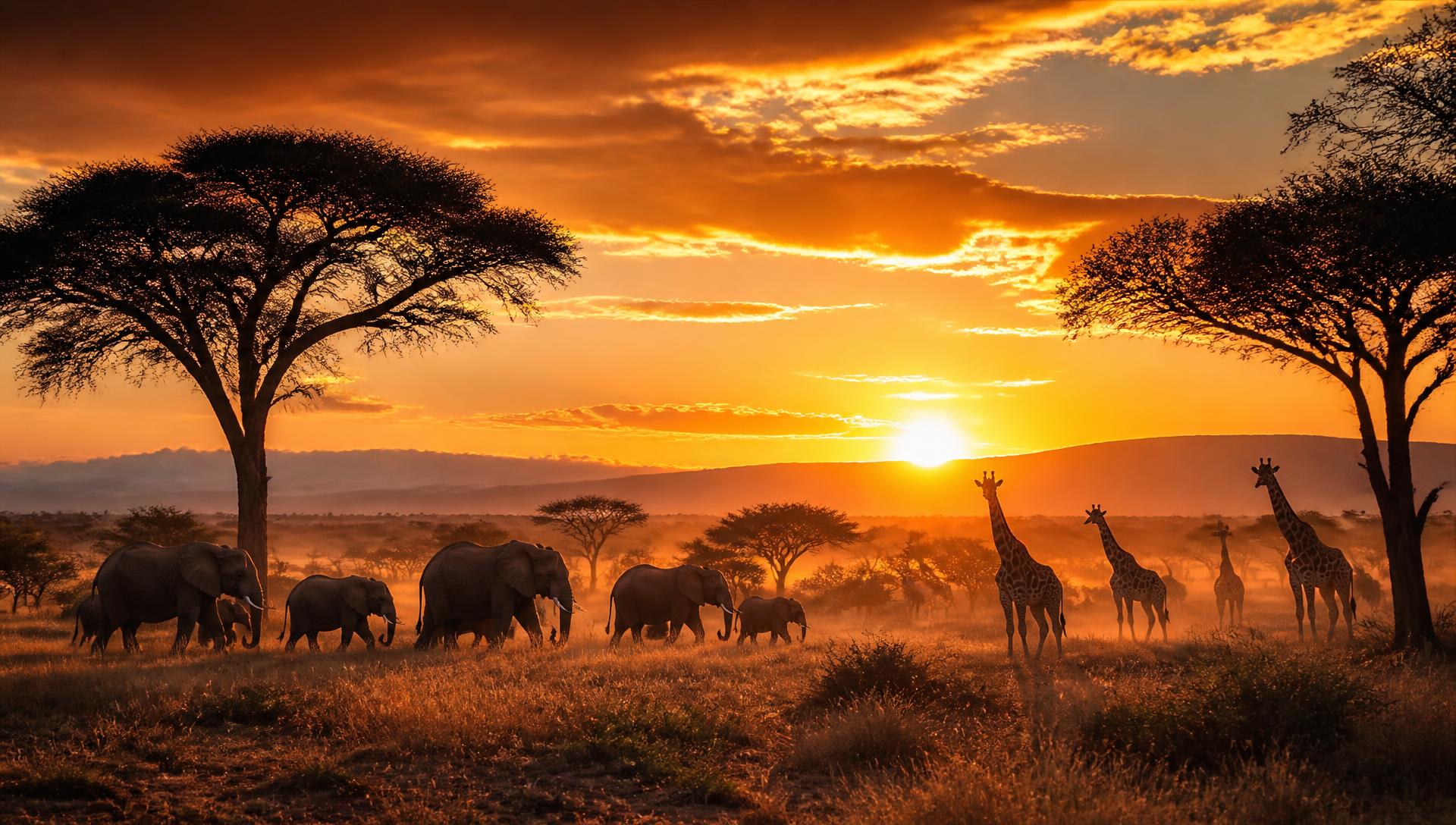 Elephants and giraffes crossing the African savannah at sunset