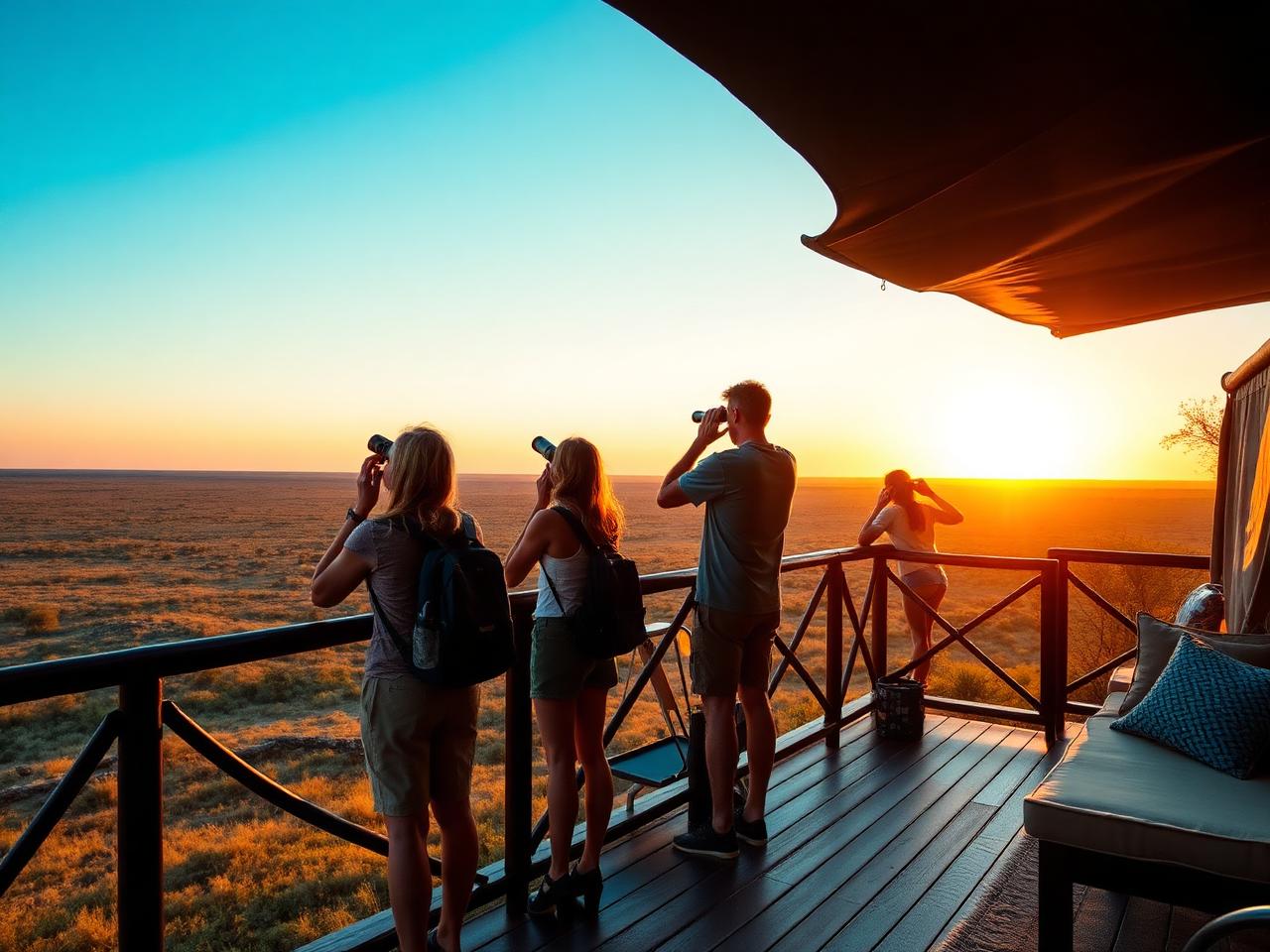 Travellers watching the sunset from a safari camp deck